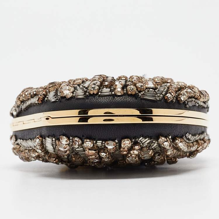 Pre Owned Alexander McQueen Black Leather Embellished Clam Chain Clutch