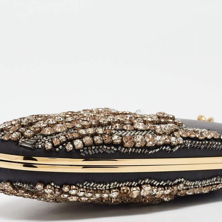 Pre Owned Alexander McQueen Black Leather Embellished Clam Chain Clutch