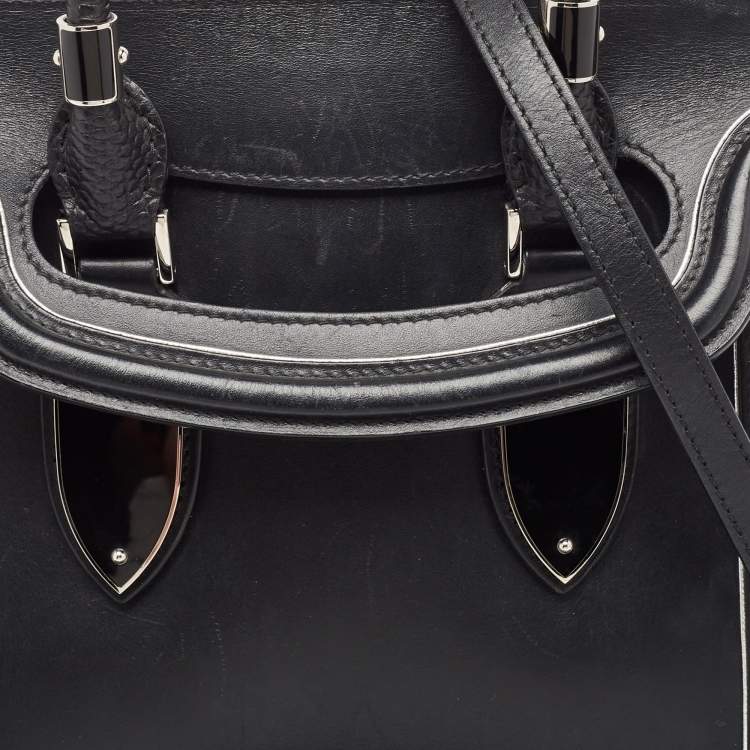 Pre Owned Alexander McQueen Black/Pink Leather and Croc Embossed Detail Small Heroine Top Handle Bag