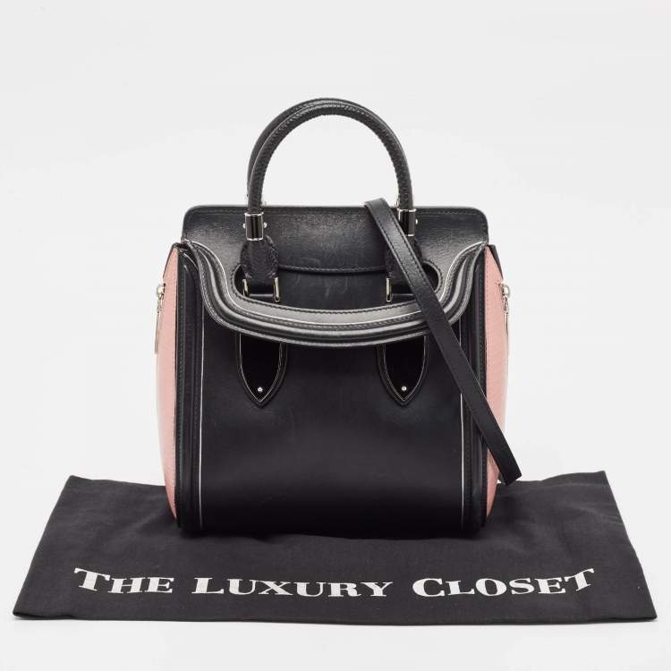 Pre Owned Alexander McQueen Black/Pink Leather and Croc Embossed Detail Small Heroine Top Handle Bag