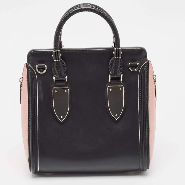 Pre Owned Alexander McQueen Black/Pink Leather and Croc Embossed Detail Small Heroine Top Handle Bag
