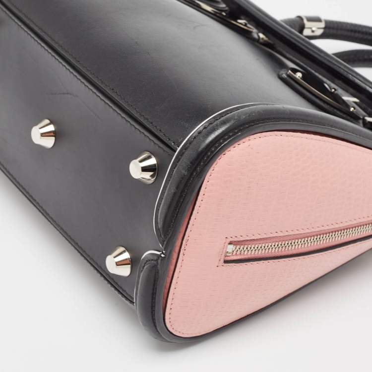 Pre Owned Alexander McQueen Black/Pink Leather and Croc Embossed Detail Small Heroine Top Handle Bag