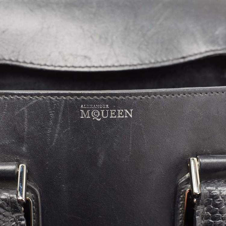 Pre Owned Alexander McQueen Black/Pink Leather and Croc Embossed Detail Small Heroine Top Handle Bag