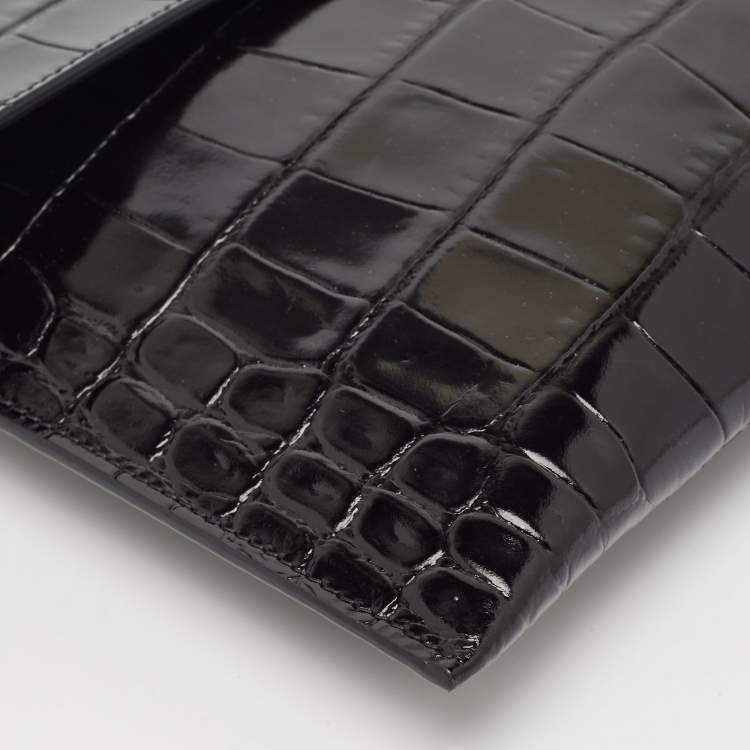 Pre Owned Alexander McQueen Black Croc Embossed Leather Skull Clutch
