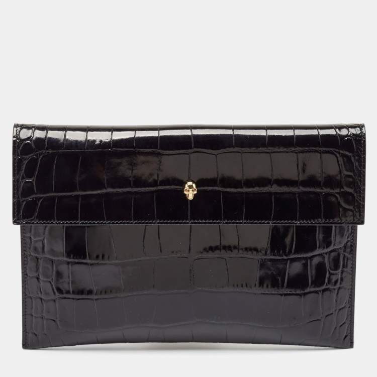 Pre Owned Alexander McQueen Black Croc Embossed Leather Skull Clutch