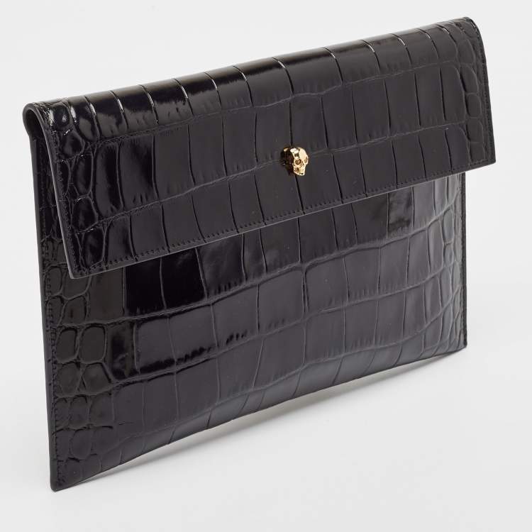 Pre Owned Alexander McQueen Black Croc Embossed Leather Skull Clutch