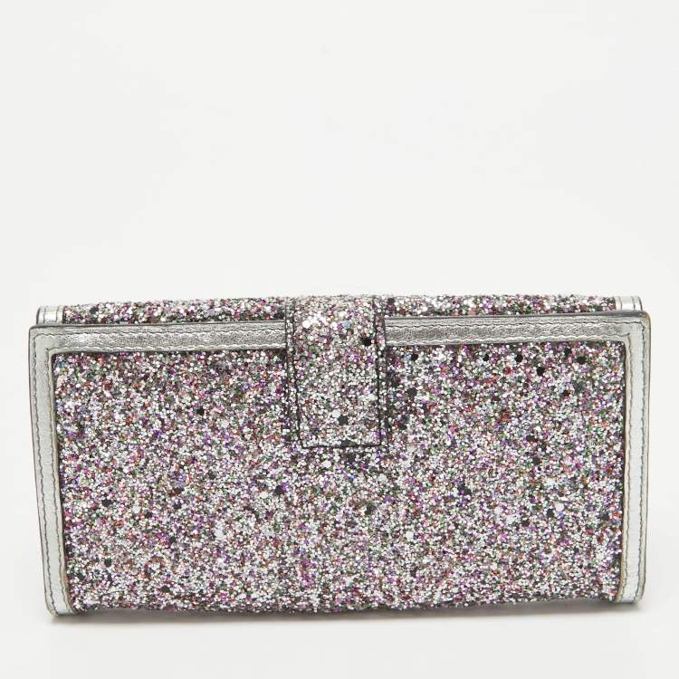 Pre Owned Alexander McQueen Silver Glitter and Leather Skull Continental Wallet