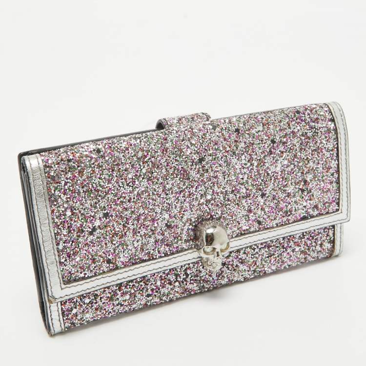 Pre Owned Alexander McQueen Silver Glitter and Leather Skull Continental Wallet