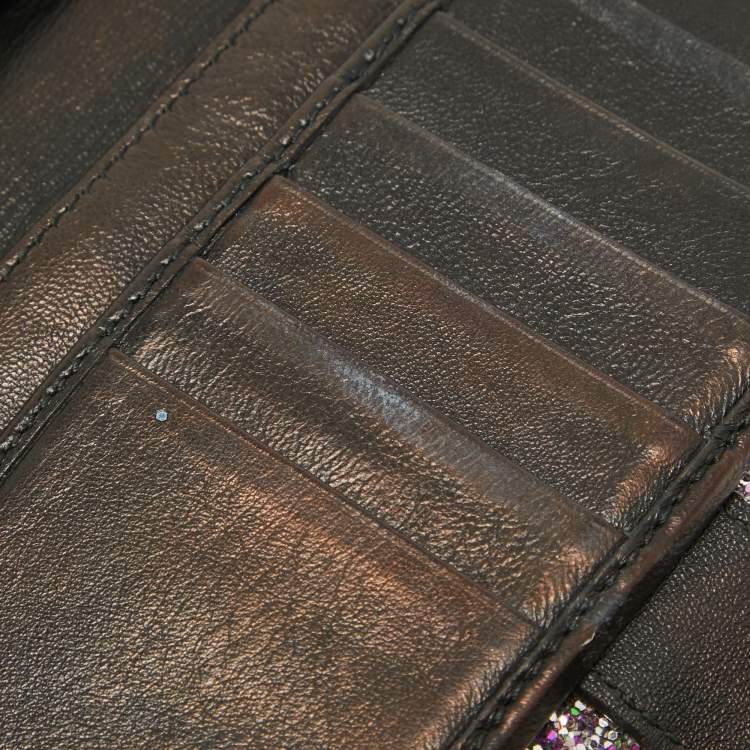 Pre Owned Alexander McQueen Silver Glitter and Leather Skull Continental Wallet