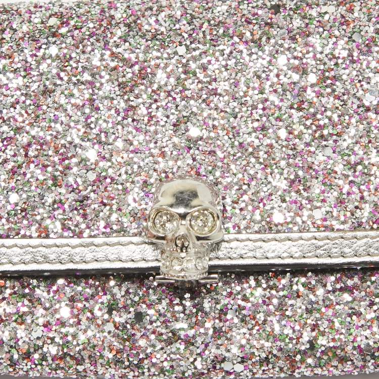 Pre Owned Alexander McQueen Silver Glitter and Leather Skull Continental Wallet