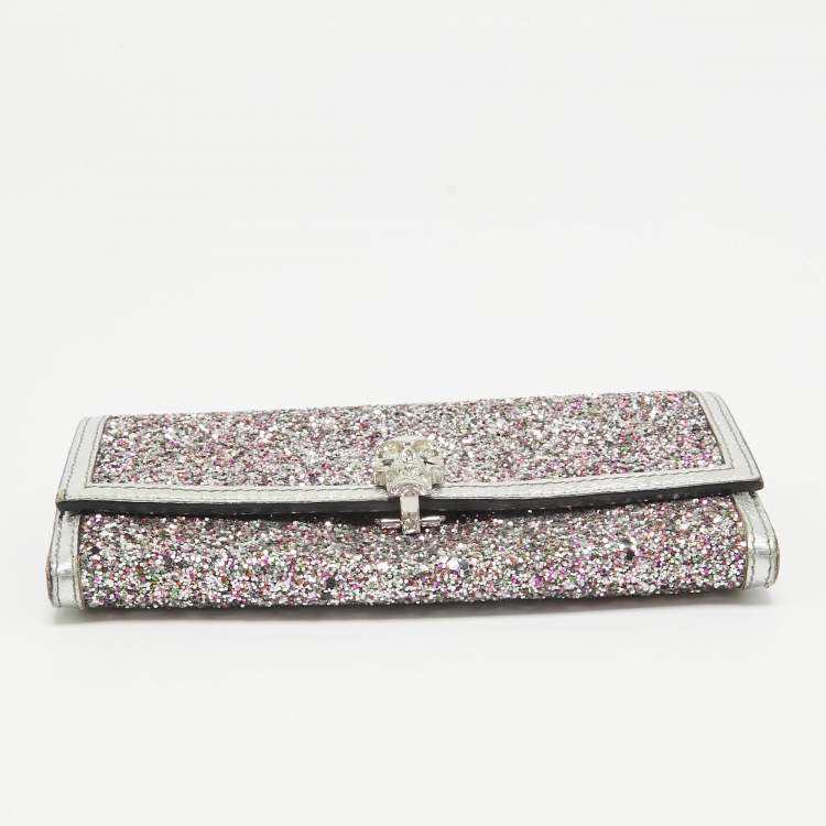 Pre Owned Alexander McQueen Silver Glitter and Leather Skull Continental Wallet