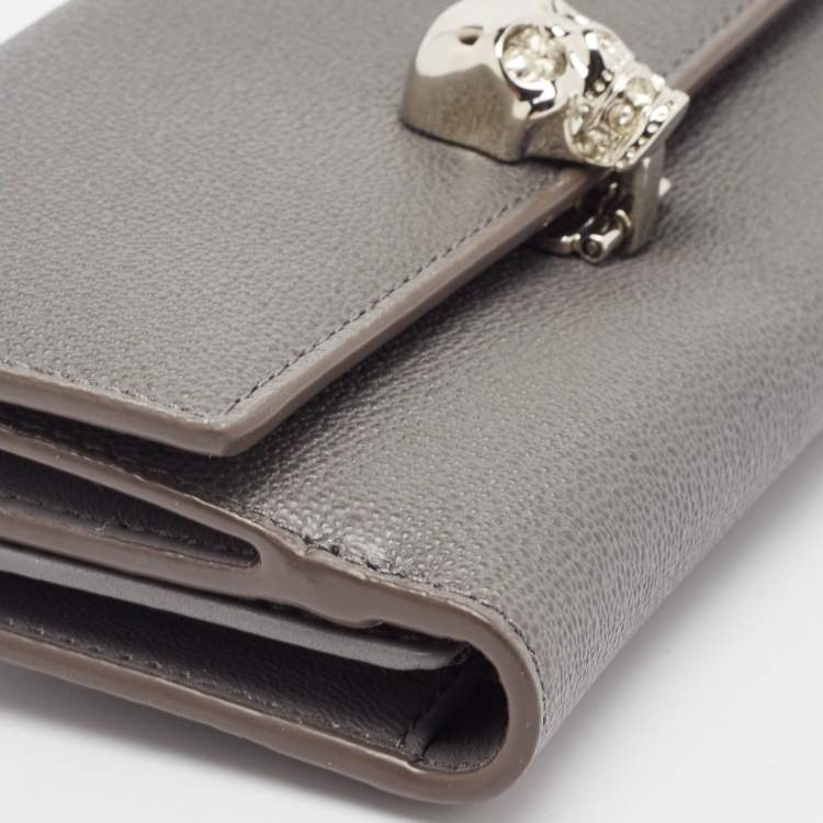 Pre Owned Alexander McQueen Grey Leather Skull Crystals French Wallet