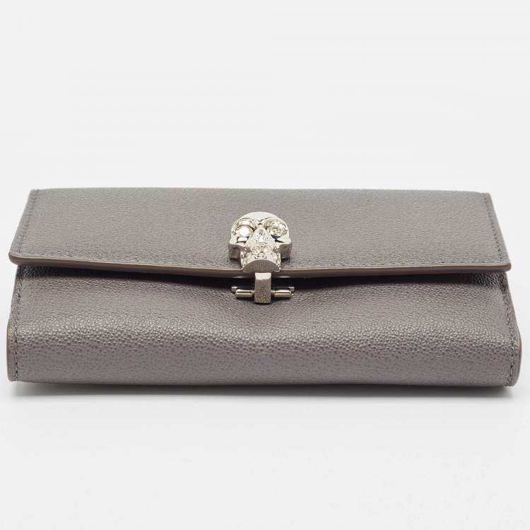 Pre Owned Alexander McQueen Grey Leather Skull Crystals French Wallet