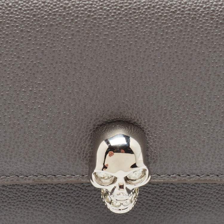 Pre Owned Alexander McQueen Grey Leather Skull Crystals French Wallet