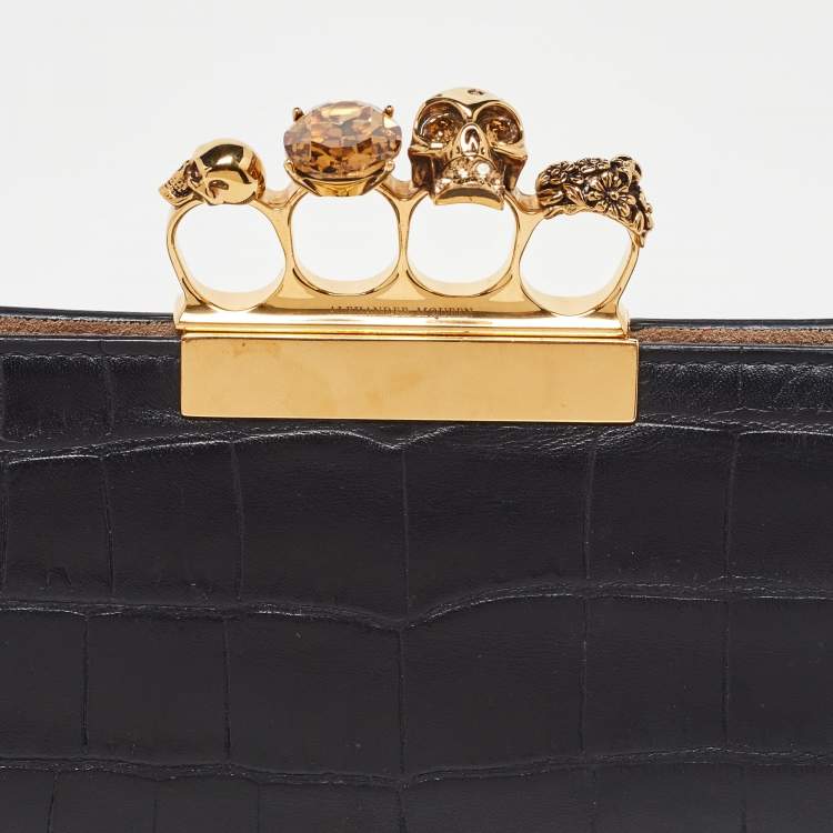 Pre Owned Alexander McQueen Black Croc Embossed Leather Skull Knuckle Clutch