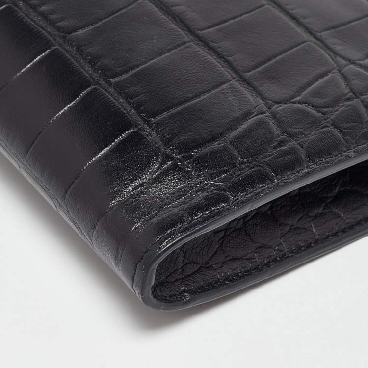 Pre Owned Alexander McQueen Black Croc Embossed Leather Skull Knuckle Clutch