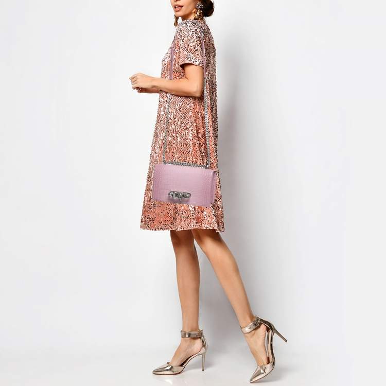 Pre Owned Alexander McQueen Pink Croc Embossed Leather Knuckle Flap Shoulder Bag