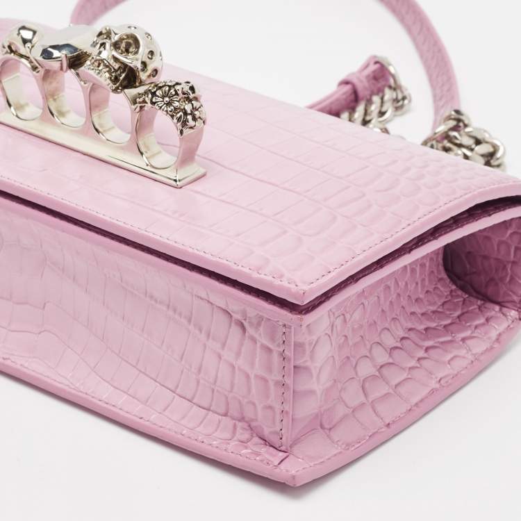 Pre Owned Alexander McQueen Pink Croc Embossed Leather Knuckle Flap Shoulder Bag