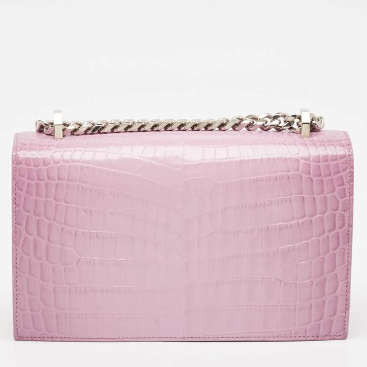 Pre Owned Alexander McQueen Pink Croc Embossed Leather Knuckle Flap Shoulder Bag