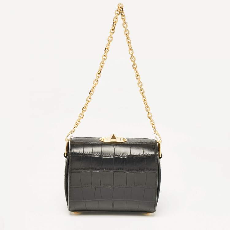 Pre Owned Alexander McQueen Black Croc Embossed Leather Box Shoulder Bag