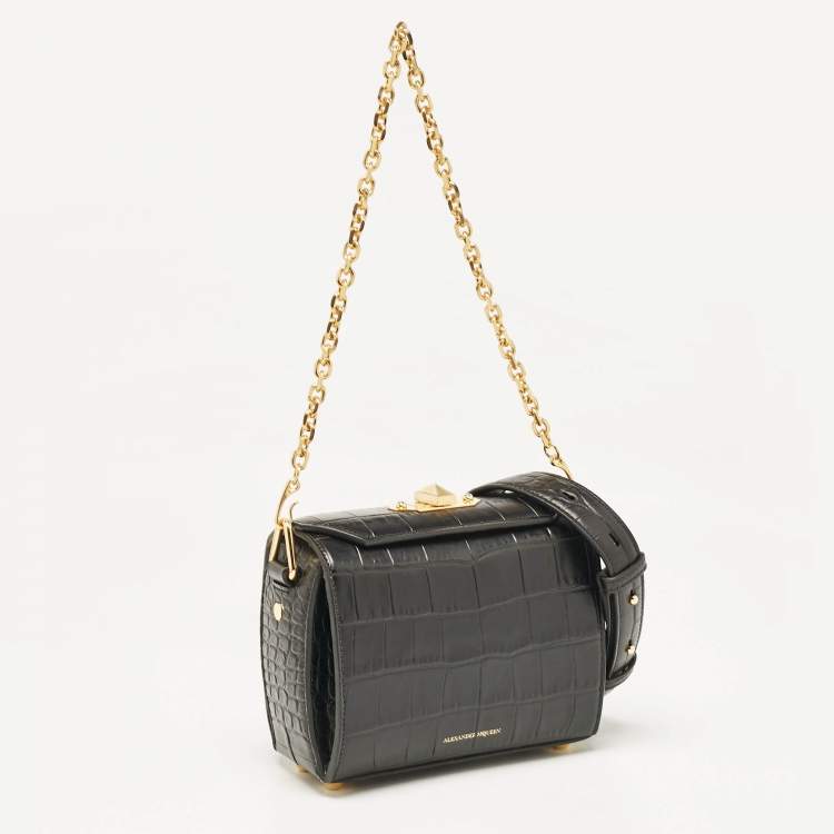 Pre Owned Alexander McQueen Black Croc Embossed Leather Box Shoulder Bag