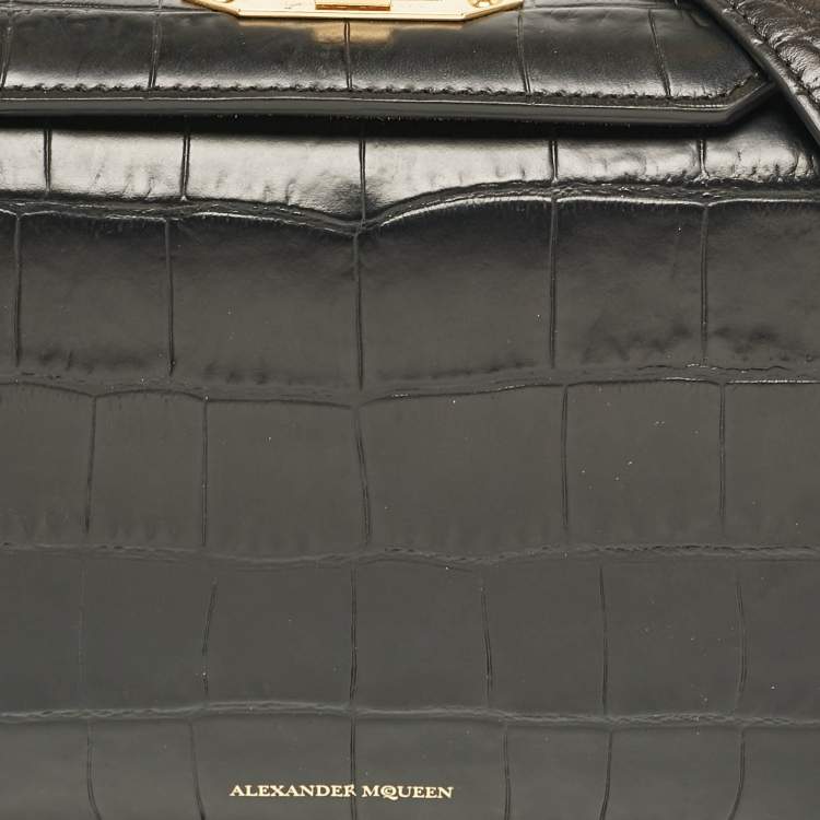 Pre Owned Alexander McQueen Black Croc Embossed Leather Box Shoulder Bag