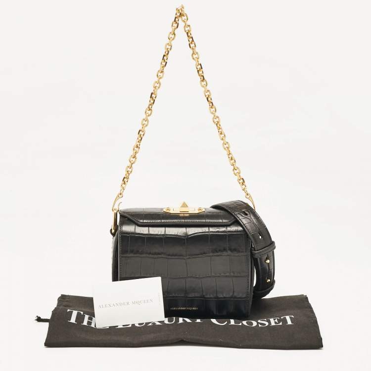 Pre Owned Alexander McQueen Black Croc Embossed Leather Box Shoulder Bag