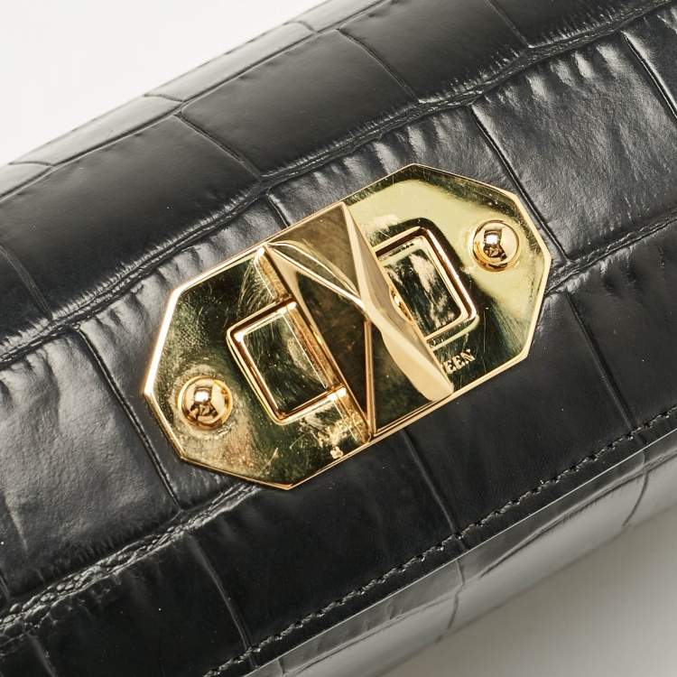 Pre Owned Alexander McQueen Black Croc Embossed Leather Box Shoulder Bag