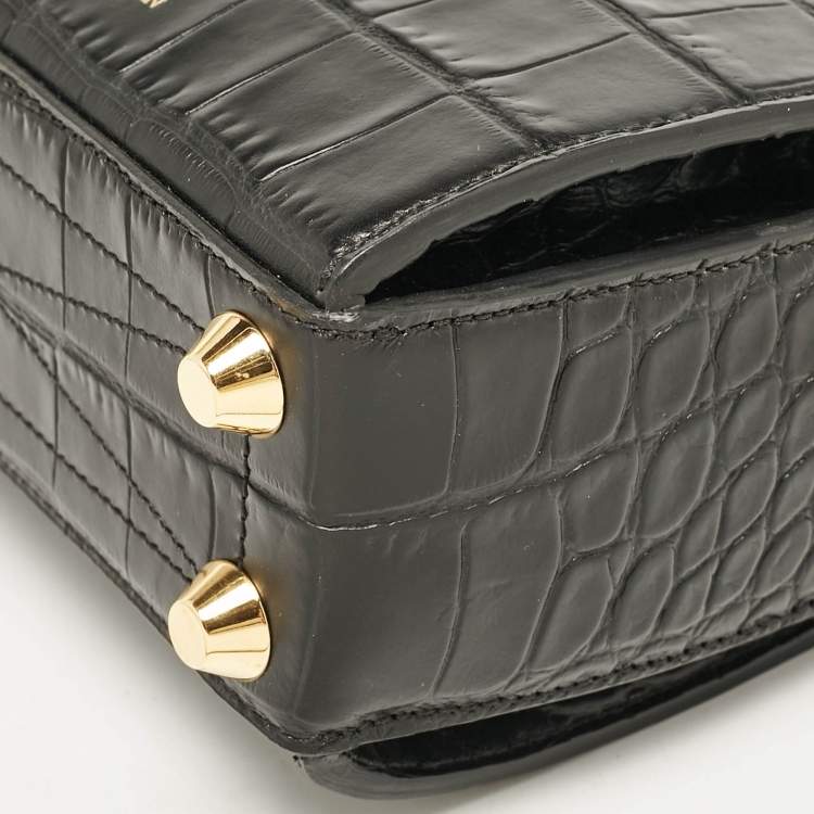 Pre Owned Alexander McQueen Black Croc Embossed Leather Box Shoulder Bag