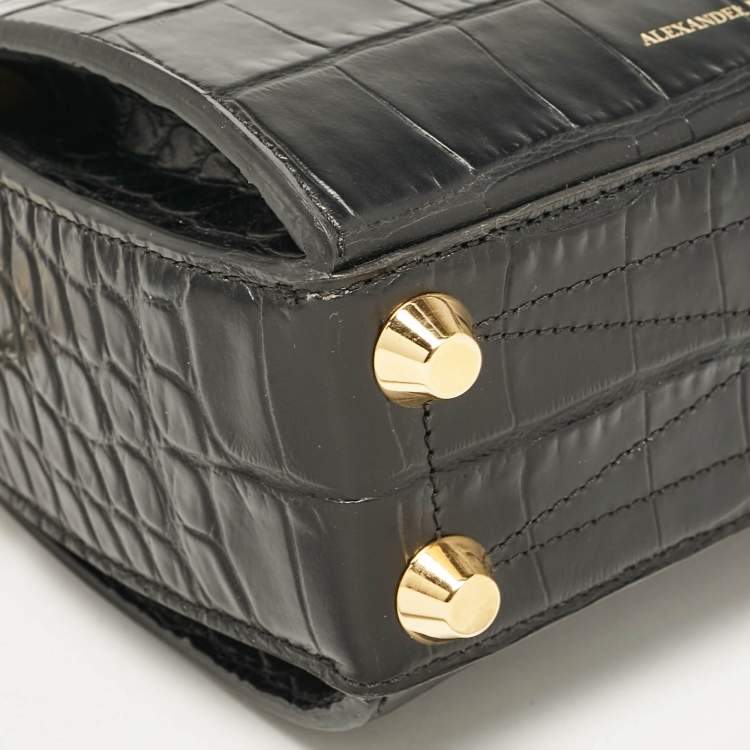 Pre Owned Alexander McQueen Black Croc Embossed Leather Box Shoulder Bag