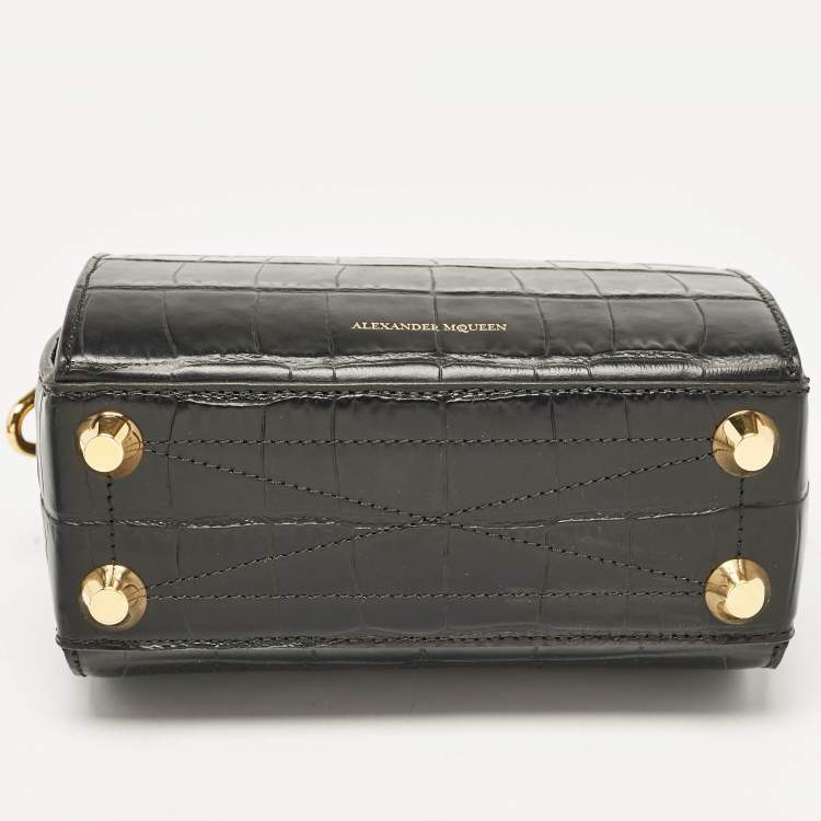 Pre Owned Alexander McQueen Black Croc Embossed Leather Box Shoulder Bag