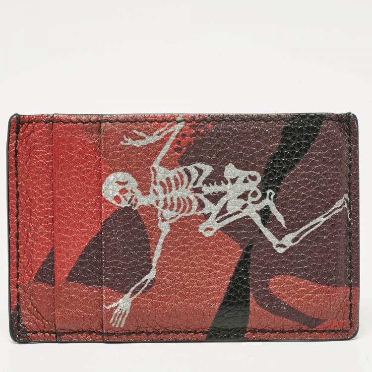 Pre Owned Alexander McQueen Red Camo Leather Dancing Skeleton Card Holder