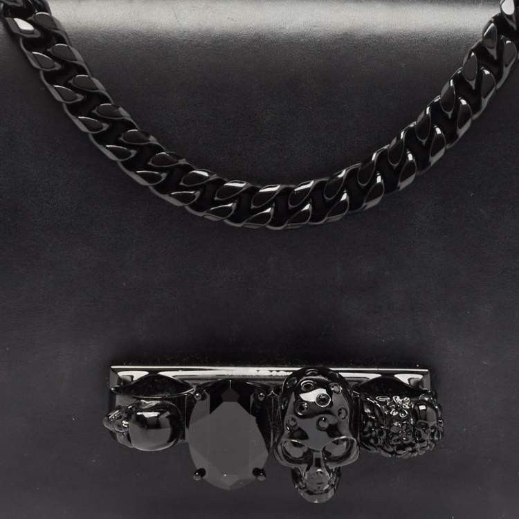 Pre Owned Alexander McQueen Black Leather Jewelled Flap Shoulder Bag