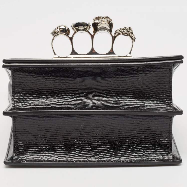 Pre Owned Alexander McQueen Black Lizard Embossed Leather Knuckle Flap Shoulder Bag
