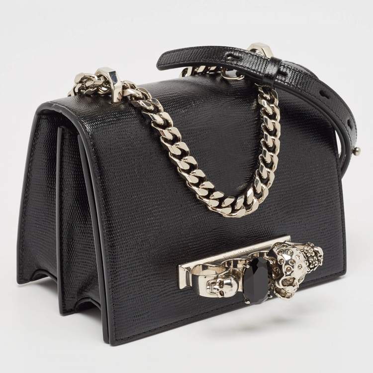 Pre Owned Alexander McQueen Black Lizard Embossed Leather Knuckle Flap Shoulder Bag