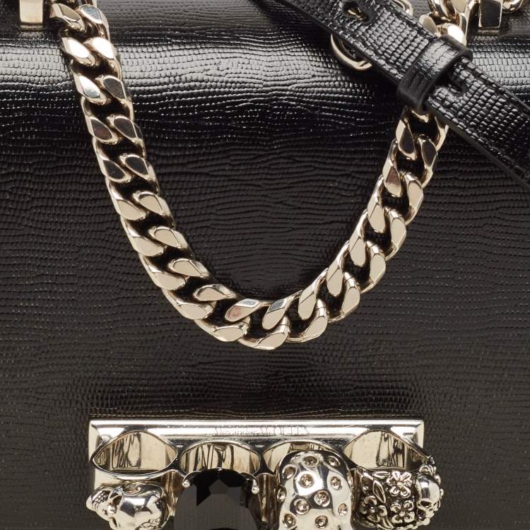 Pre Owned Alexander McQueen Black Lizard Embossed Leather Knuckle Flap Shoulder Bag