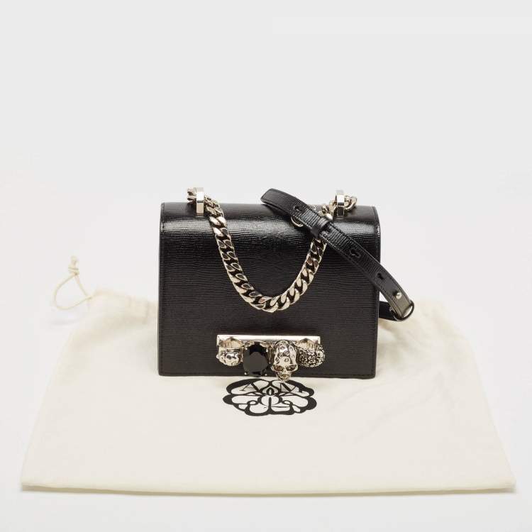 Pre Owned Alexander McQueen Black Lizard Embossed Leather Knuckle Flap Shoulder Bag