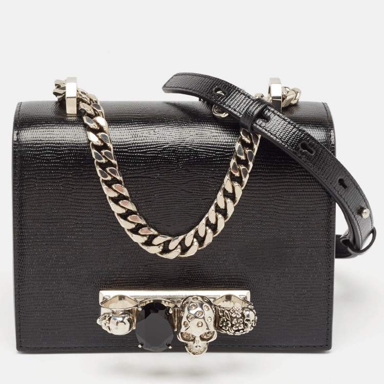 Pre Owned Alexander McQueen Black Lizard Embossed Leather Knuckle Flap Shoulder Bag
