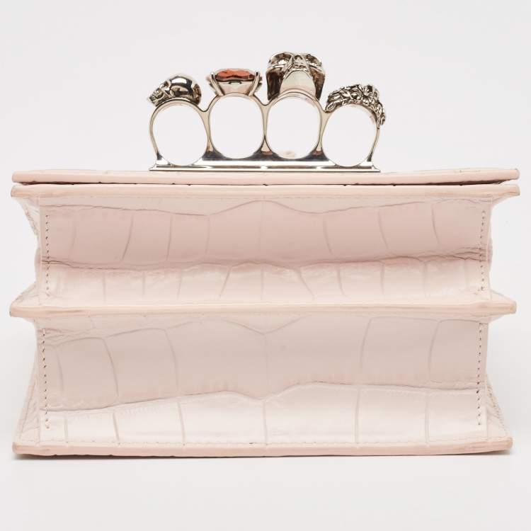 Pre Owned Alexander McQueen Pink Croc Embossed Leather Knuckle Flap Shoulder Bag