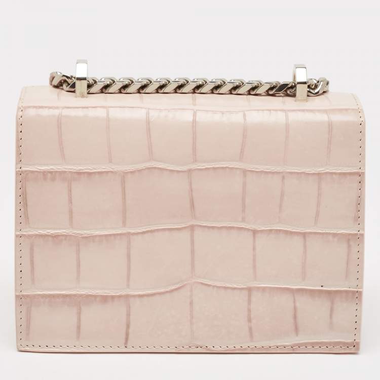Pre Owned Alexander McQueen Pink Croc Embossed Leather Knuckle Flap Shoulder Bag