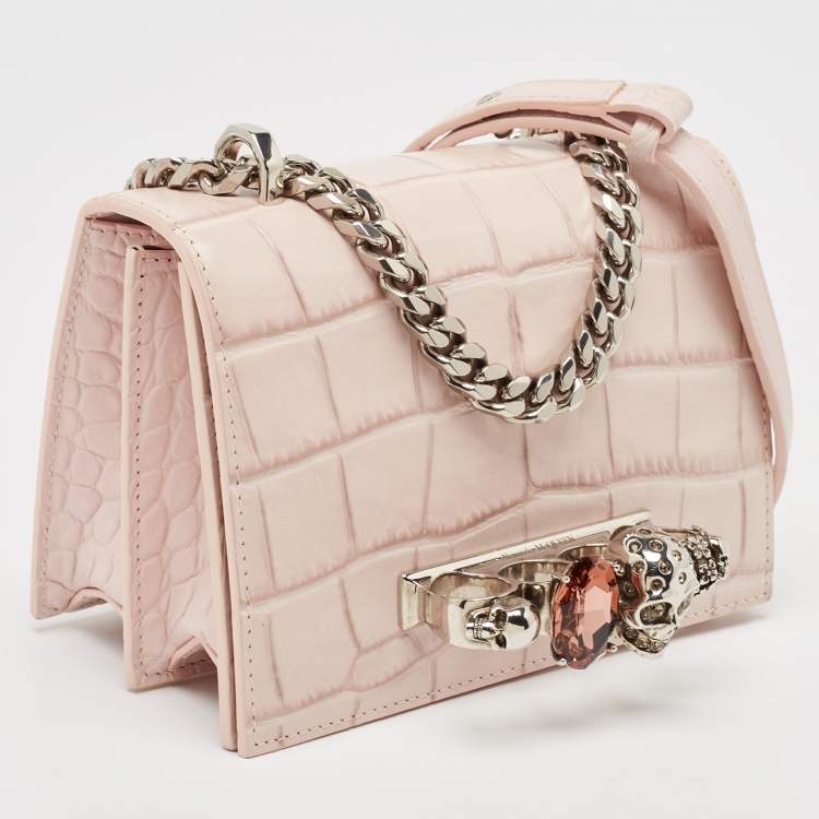 Pre Owned Alexander McQueen Pink Croc Embossed Leather Knuckle Flap Shoulder Bag