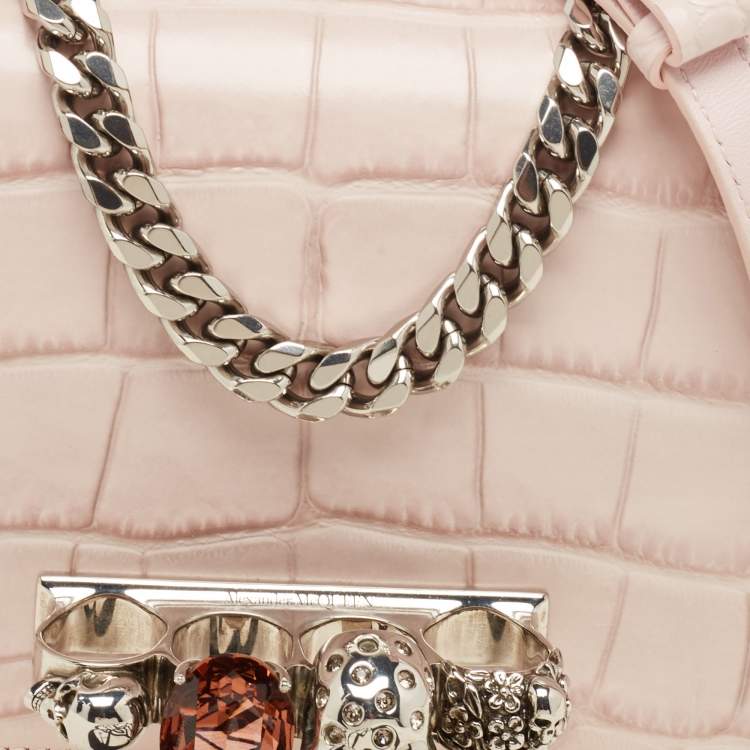 Pre Owned Alexander McQueen Pink Croc Embossed Leather Knuckle Flap Shoulder Bag