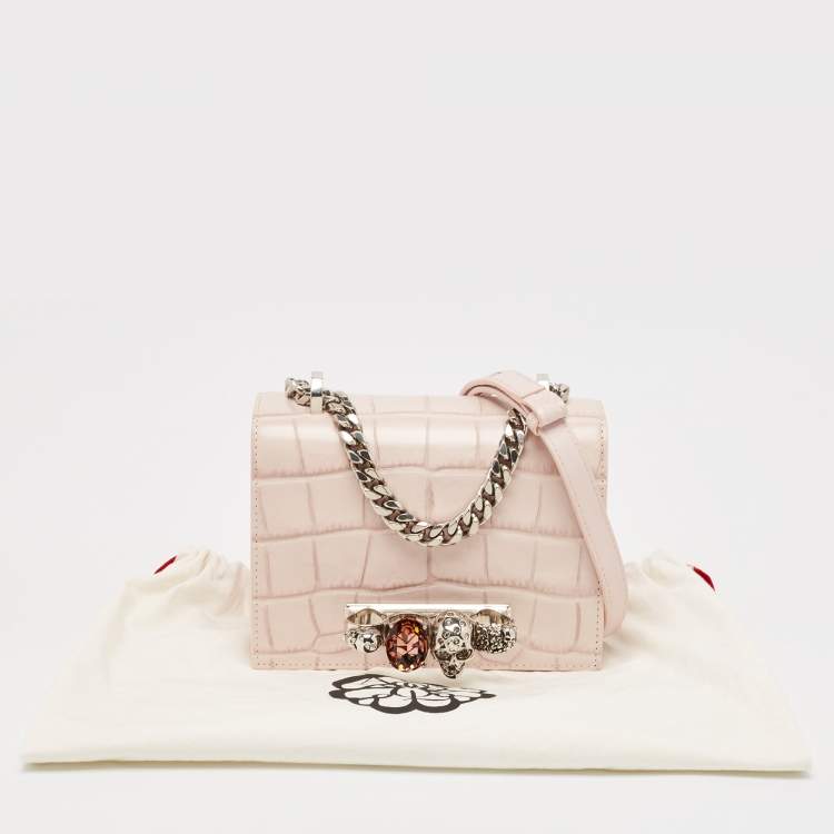 Pre Owned Alexander McQueen Pink Croc Embossed Leather Knuckle Flap Shoulder Bag