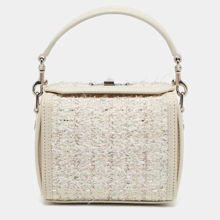Pre Owned Alexander McQueen White Leather and Tweed Box 19 Shoulder Bag