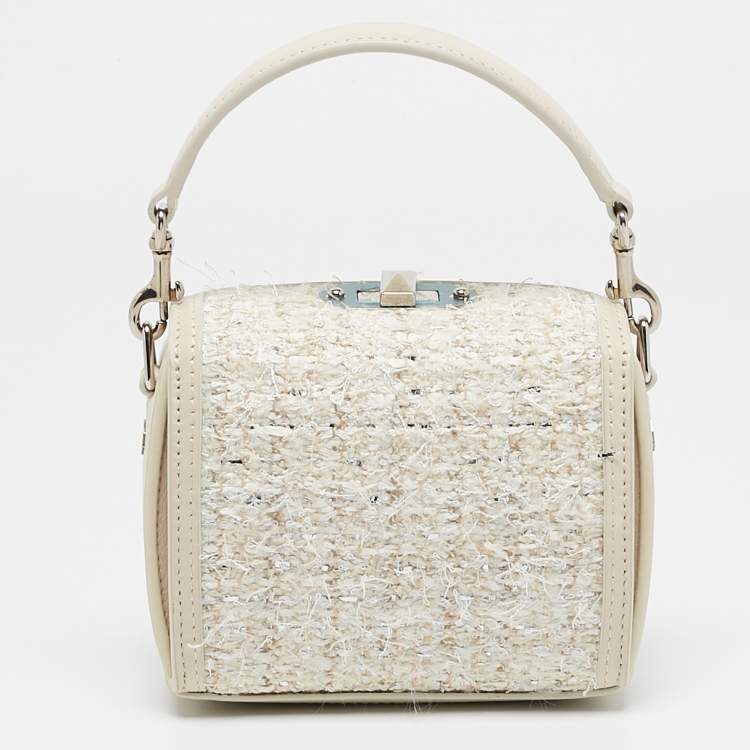 Pre Owned Alexander McQueen White Leather and Tweed Box 19 Shoulder Bag