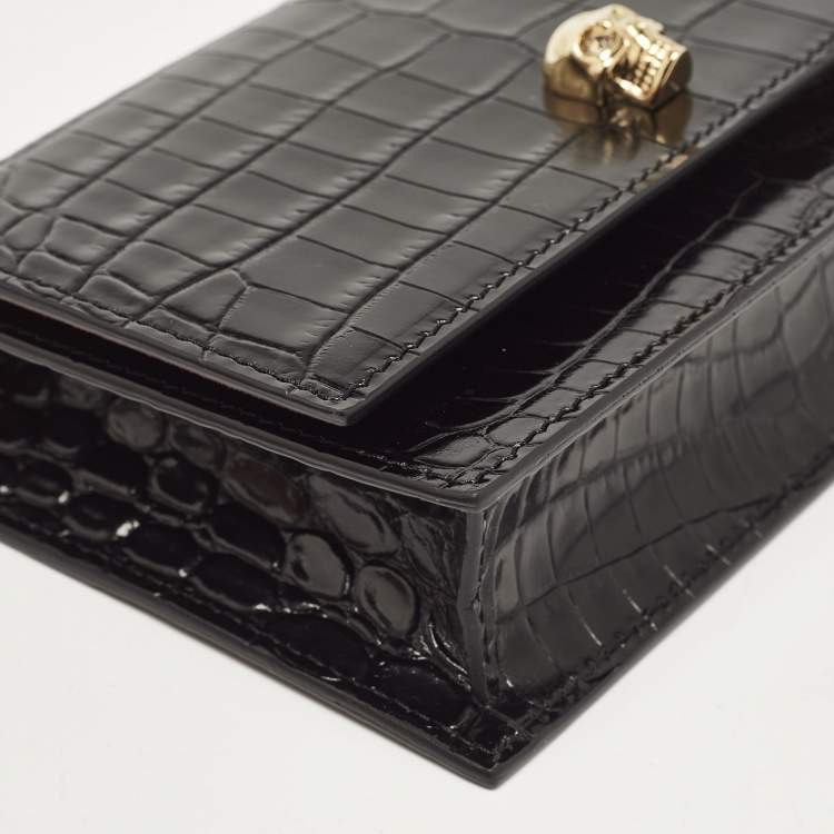 Pre Owned Alexander McQueen Black Croc Embossed Leather Small Skull Shoulder Bag