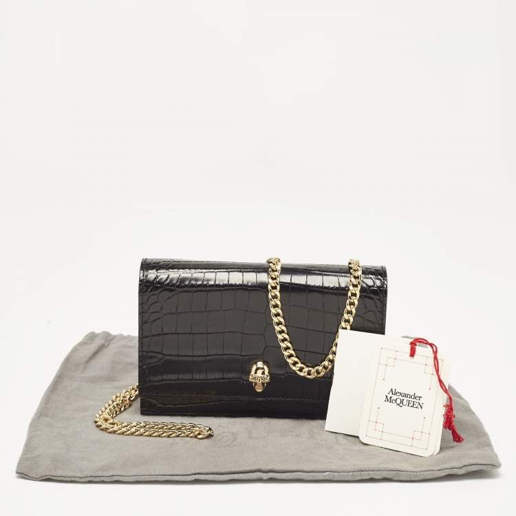 Pre Owned Alexander McQueen Black Croc Embossed Leather Small Skull Shoulder Bag