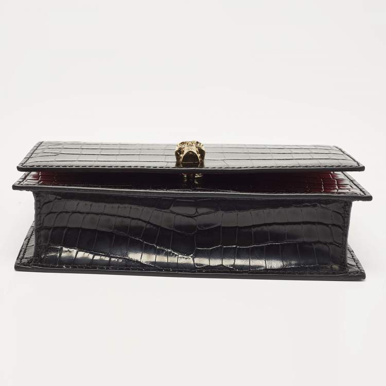 Pre Owned Alexander McQueen Black Croc Embossed Leather Small Skull Shoulder Bag