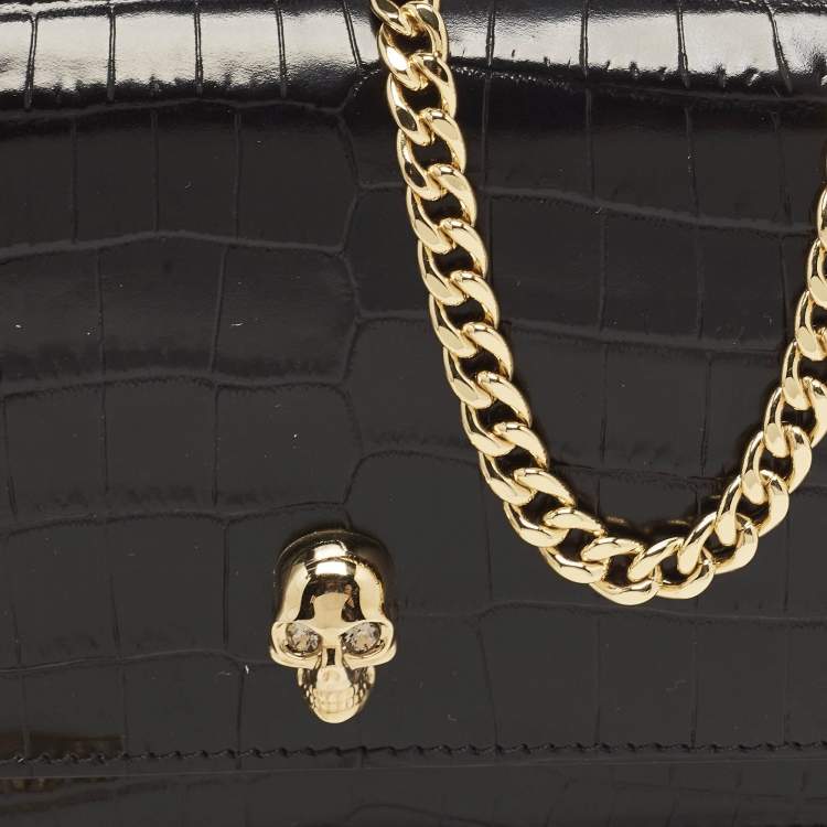 Pre Owned Alexander McQueen Black Croc Embossed Leather Small Skull Shoulder Bag