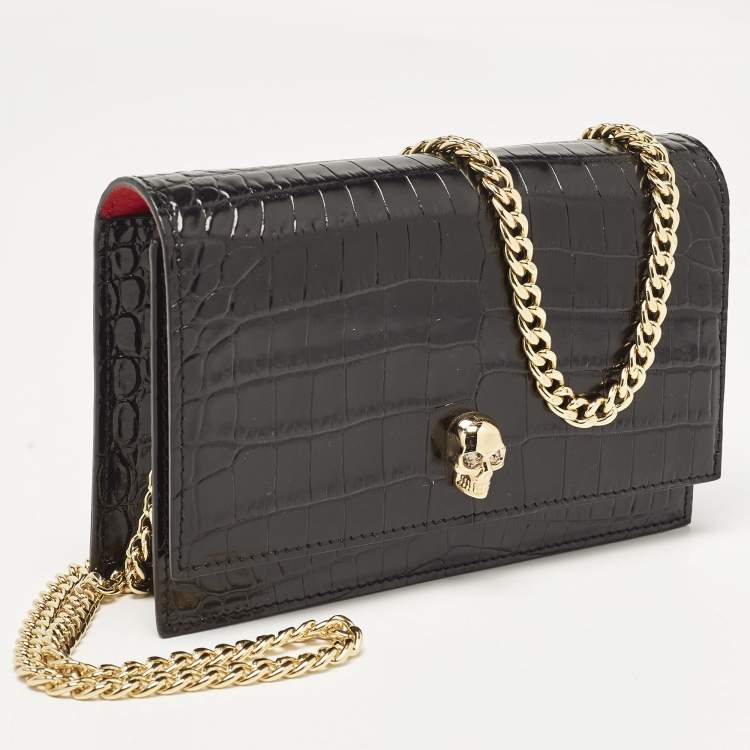 Pre Owned Alexander McQueen Black Croc Embossed Leather Small Skull Shoulder Bag